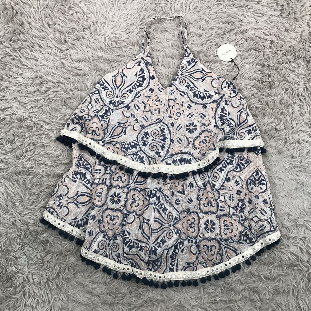 tularosa Evolette Dress XS Tiered Pom Pom Blue Paisley boho cottagecore festival - Picture 4 of 8